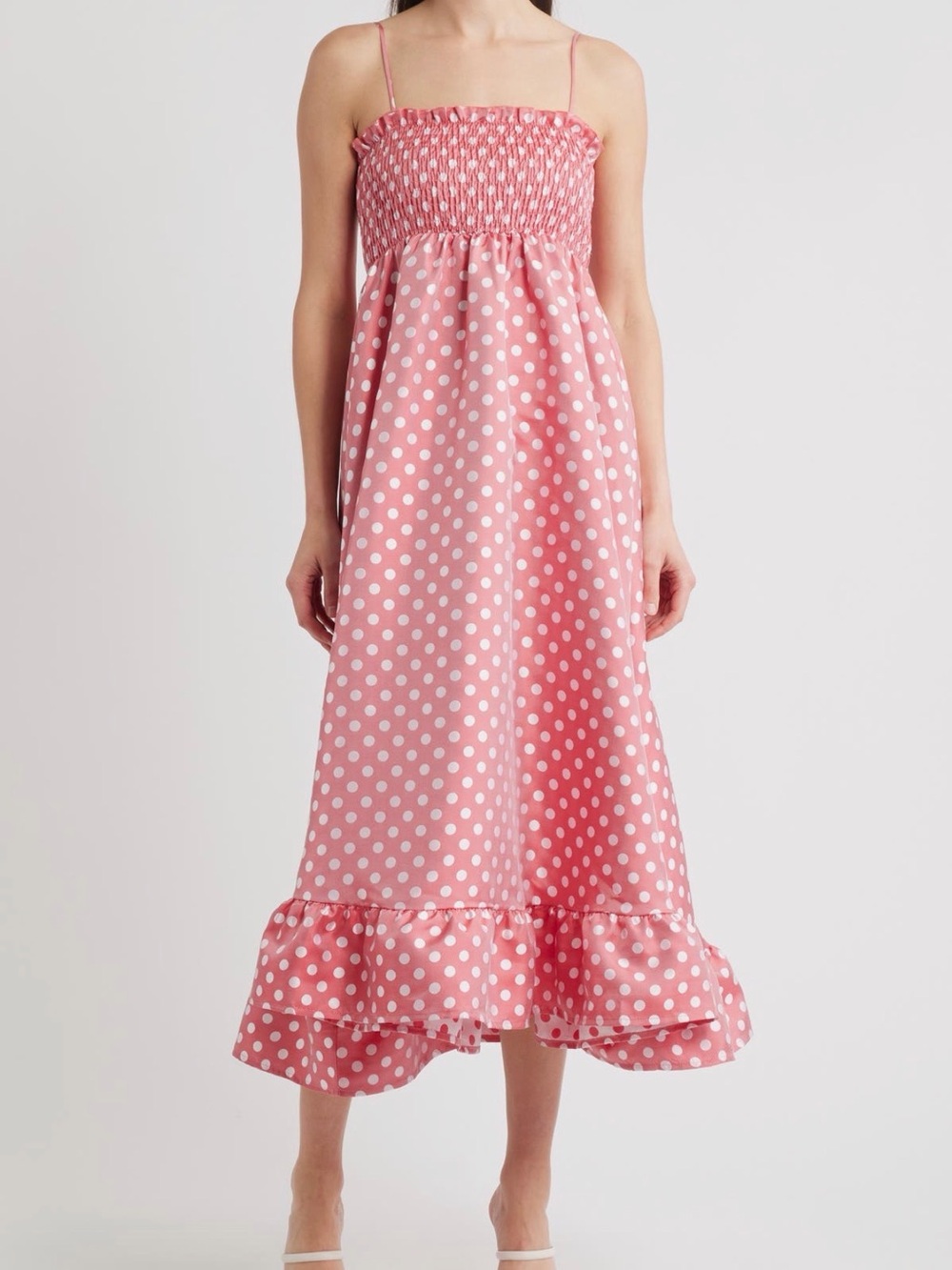 Smocked Polka Dot Midi Dress in Pink